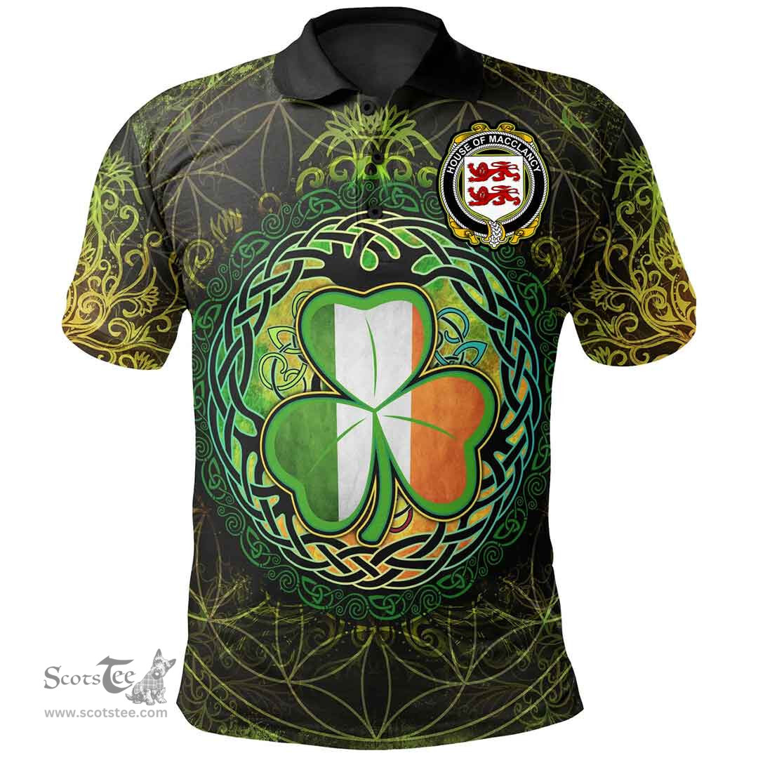 ScotsTee Shop Irish House of MACCLANCY Coat of Arms Irish Polo Shirt Circle Celtic Tree And Shamrock