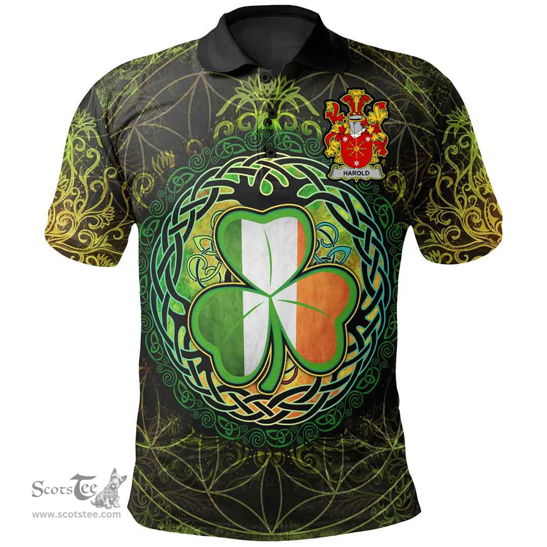 ScotsTee Shop Irish Harold or Harrell Coat of Arms Irish Polo Shirt Circle Celtic Tree And Shamrock