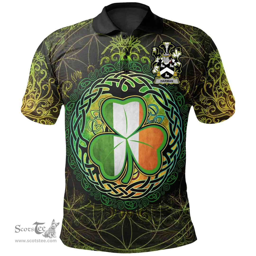 ScotsTee Shop Irish Harman Coat of Arms Irish Polo Shirt Circle Celtic Tree And Shamrock
