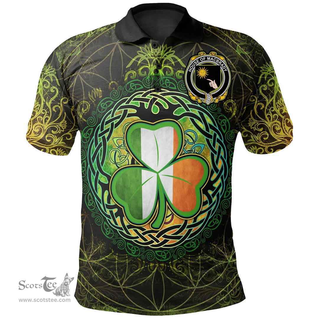 ScotsTee Shop Irish House of MACBRADY Coat of Arms Irish Polo Shirt Circle Celtic Tree And Shamrock