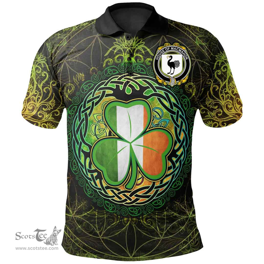 ScotsTee Shop Irish House of MACMAHON (Oriel) Coat of Arms Irish Polo Shirt Circle Celtic Tree And Shamrock