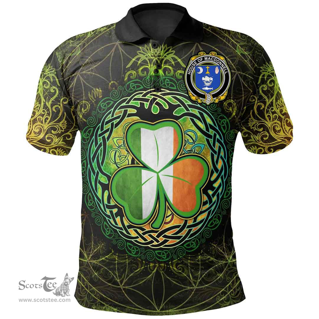 ScotsTee Shop Irish House of MACDONNELL (Clare and Connacht) Coat of Arms Irish Polo Shirt Circle Celtic Tree And Shamrock