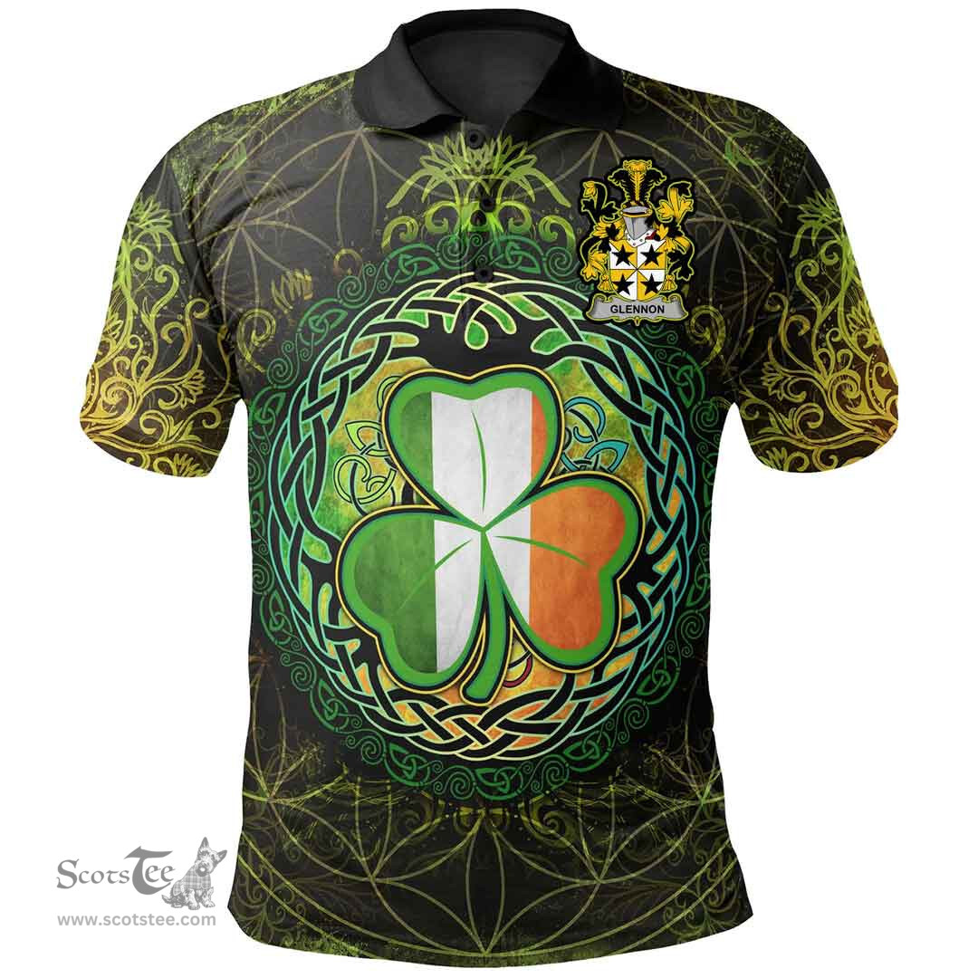 ScotsTee Shop Irish Glennon or Glenane Coat of Arms Irish Polo Shirt Circle Celtic Tree And Shamrock