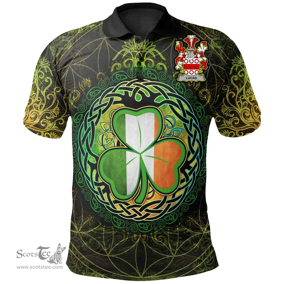 ScotsTee Shop Irish Lucas or Luke Coat of Arms Irish Polo Shirt Circle Celtic Tree And Shamrock