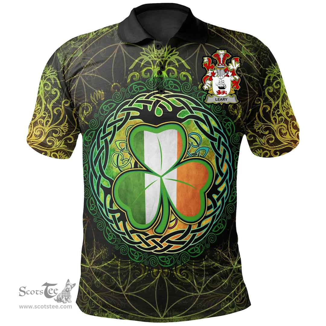 ScotsTee Shop Irish Leary or O'Leary Coat of Arms Irish Polo Shirt Circle Celtic Tree And Shamrock