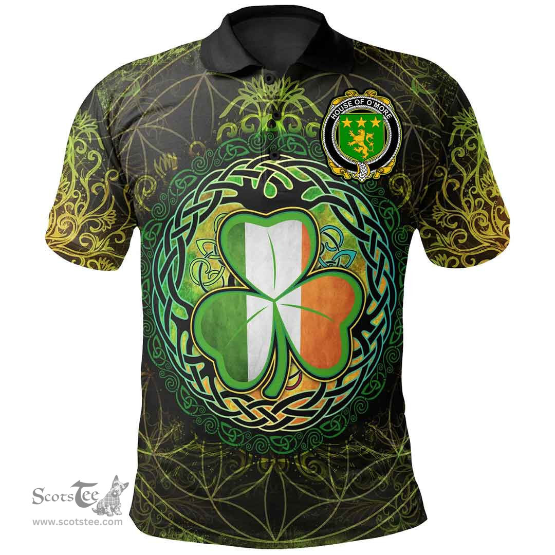 ScotsTee Shop Irish House of O'MORE Coat of Arms Irish Polo Shirt Circle Celtic Tree And Shamrock