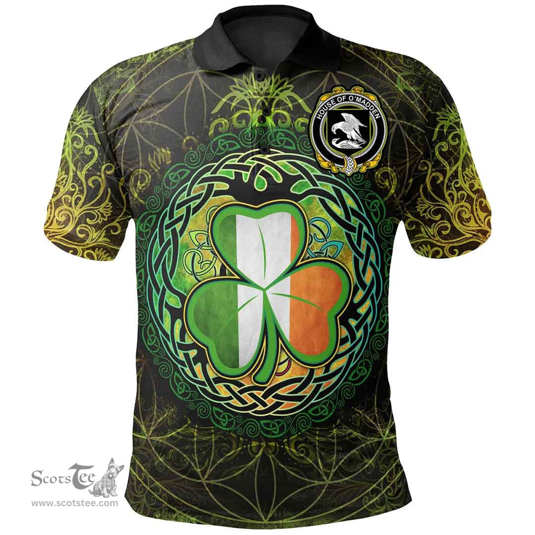 ScotsTee Shop Irish House of O'MADDEN Coat of Arms Irish Polo Shirt Circle Celtic Tree And Shamrock