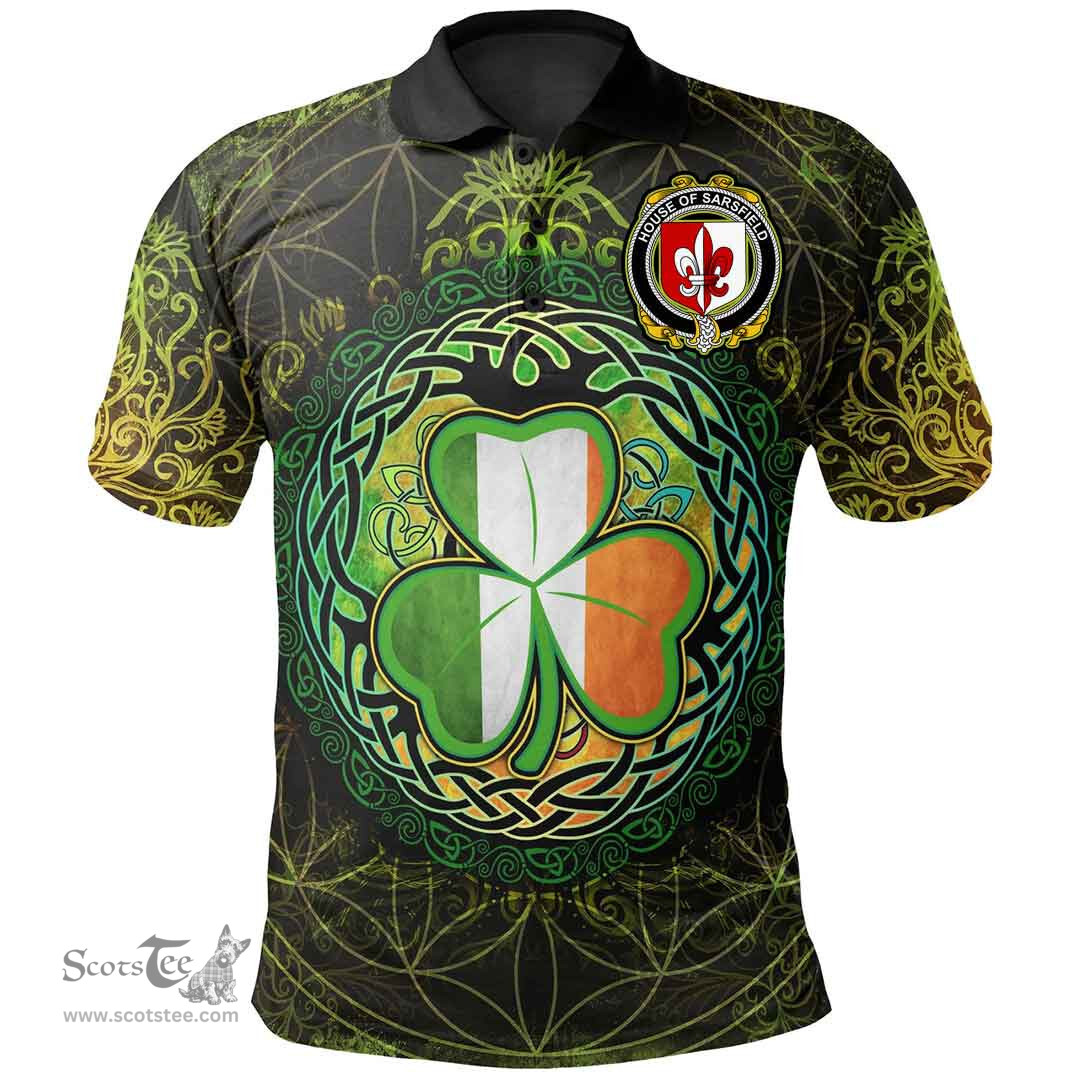 ScotsTee Shop Irish House of SARSFIELD Coat of Arms Irish Polo Shirt Circle Celtic Tree And Shamrock