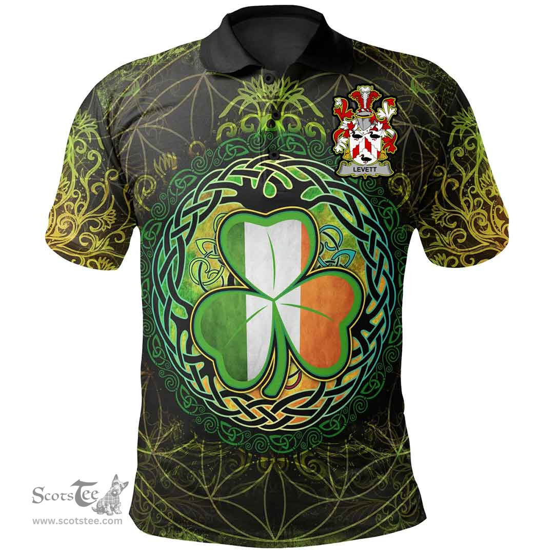 ScotsTee Shop Irish Levett or Lyvett Coat of Arms Irish Polo Shirt Circle Celtic Tree And Shamrock