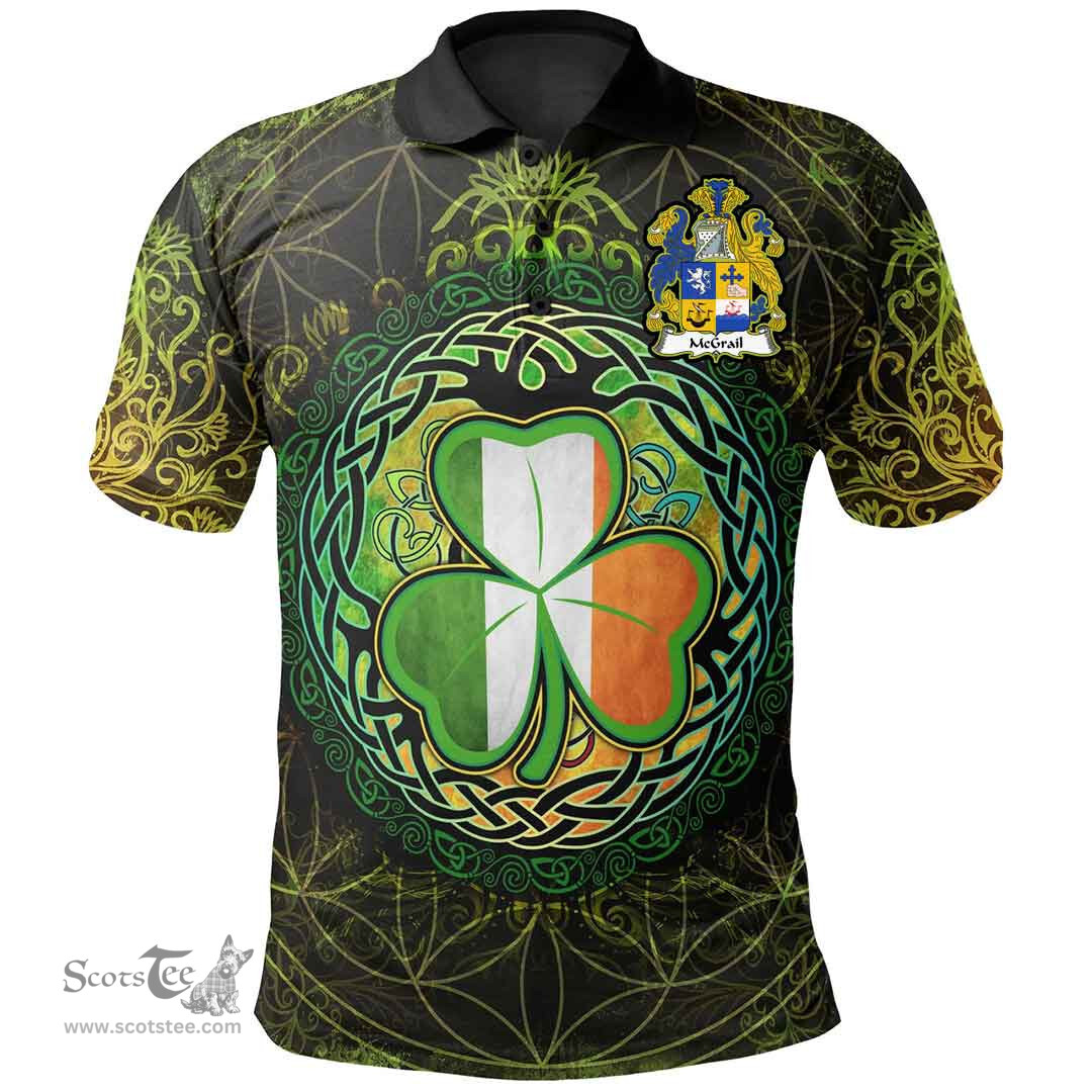 ScotsTee Shop Irish McGrail Coat of Arms Irish Polo Shirt Circle Celtic Tree And Shamrock