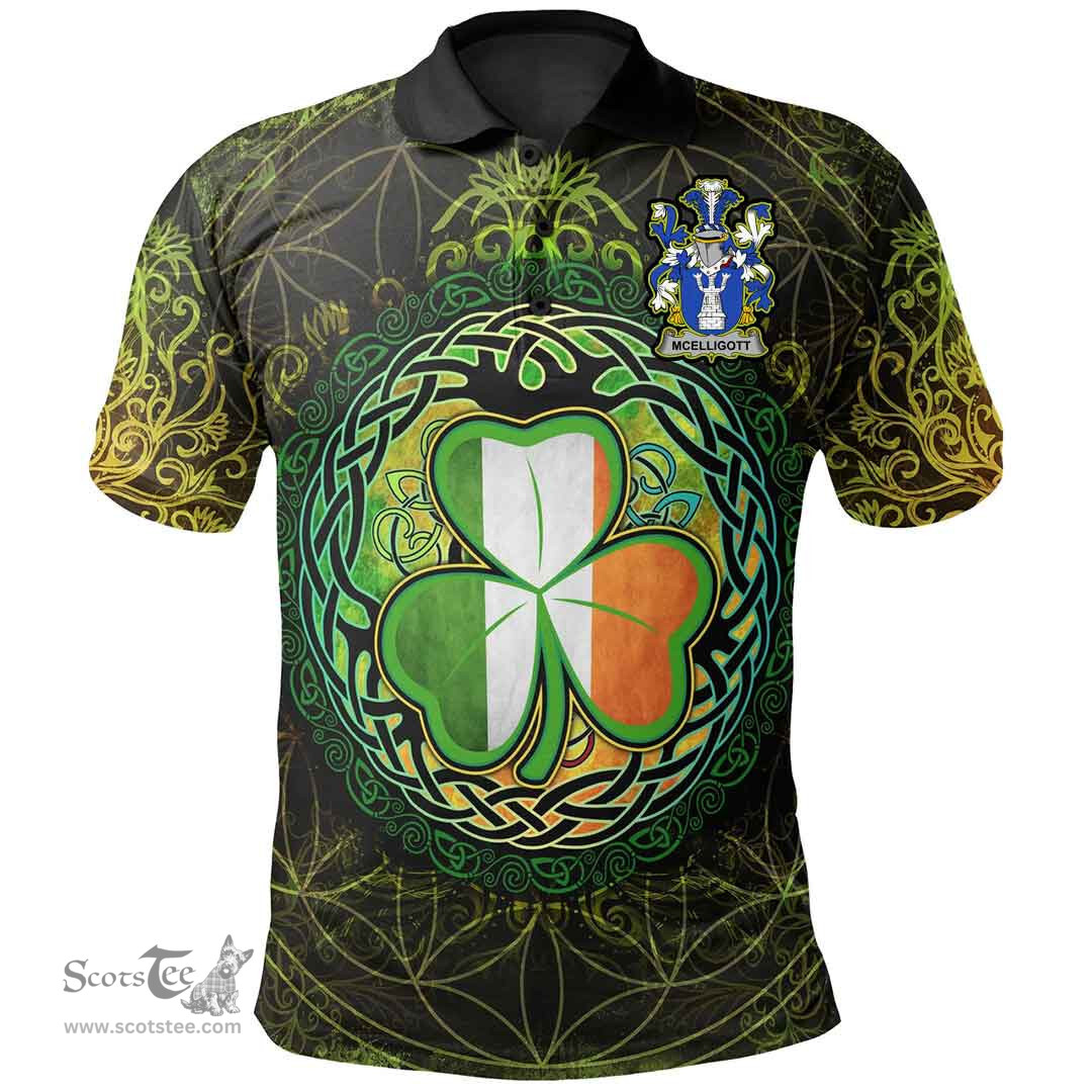 ScotsTee Shop Irish McElligott Coat of Arms Irish Polo Shirt Circle Celtic Tree And Shamrock