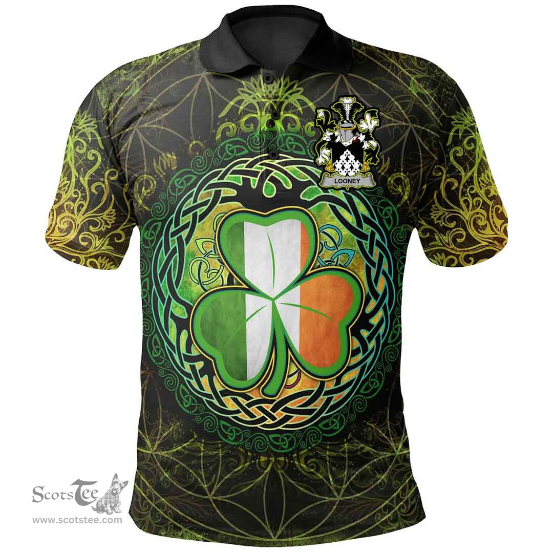 ScotsTee Shop Irish Looney or O'Lunney Coat of Arms Irish Polo Shirt Circle Celtic Tree And Shamrock