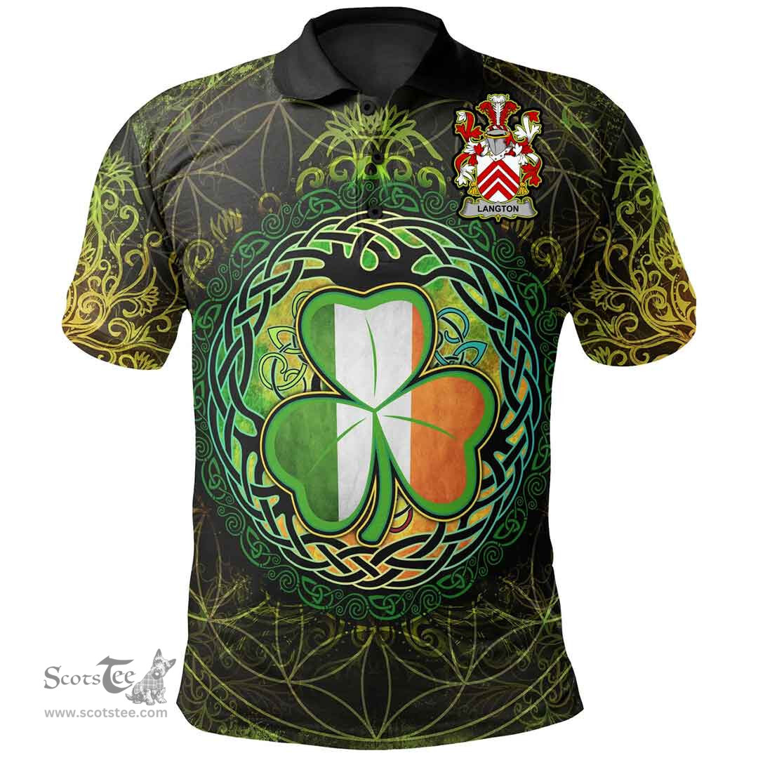 ScotsTee Shop Irish Langton Coat of Arms Irish Polo Shirt Circle Celtic Tree And Shamrock