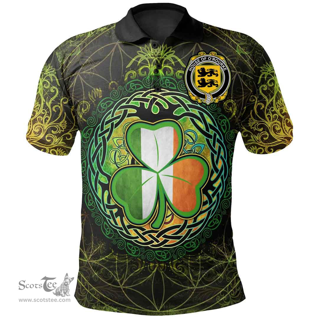ScotsTee Shop Irish House of O'ROURKE Coat of Arms Irish Polo Shirt Circle Celtic Tree And Shamrock