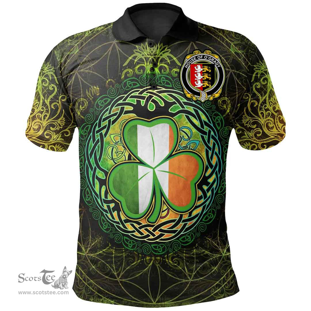 ScotsTee Shop Irish House of O'GRADY Coat of Arms Irish Polo Shirt Circle Celtic Tree And Shamrock