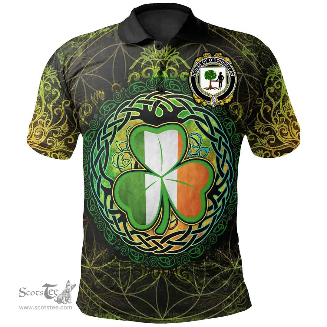 ScotsTee Shop Irish House of O'DONNELLAN Coat of Arms Irish Polo Shirt Circle Celtic Tree And Shamrock