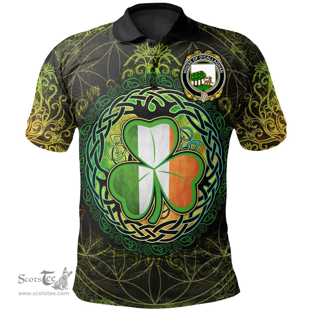 ScotsTee Shop Irish House of O'CALLAGHAN Coat of Arms Irish Polo Shirt Circle Celtic Tree And Shamrock