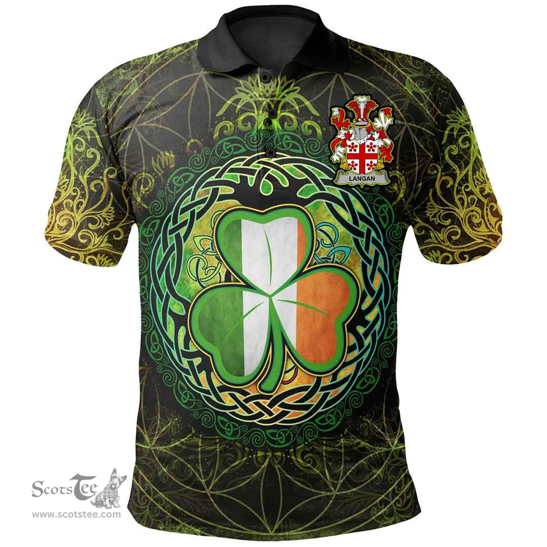 ScotsTee Shop Irish Langan or O'Longan Coat of Arms Irish Polo Shirt Circle Celtic Tree And Shamrock