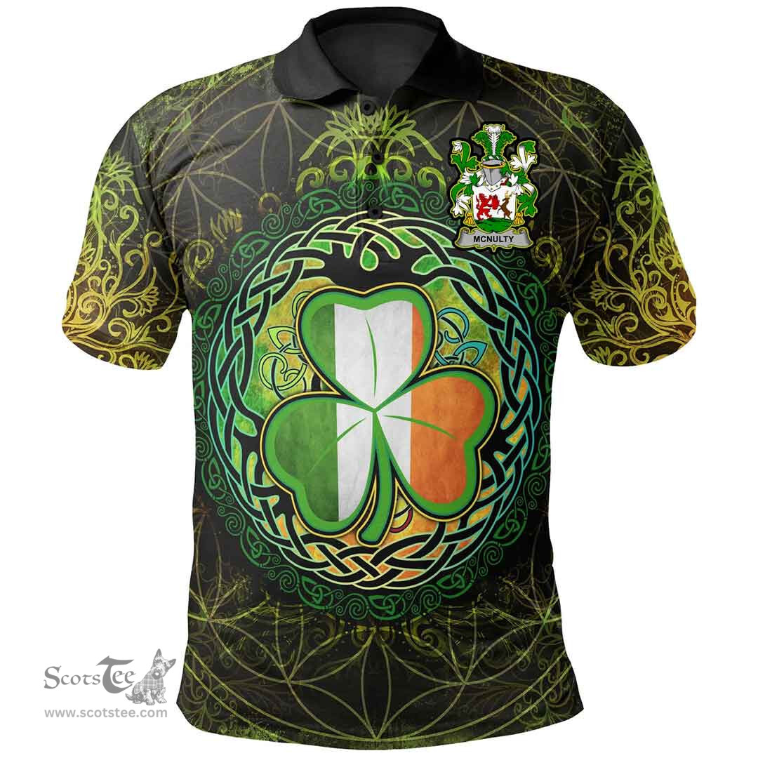 ScotsTee Shop Irish McNulty Coat of Arms Irish Polo Shirt Circle Celtic Tree And Shamrock