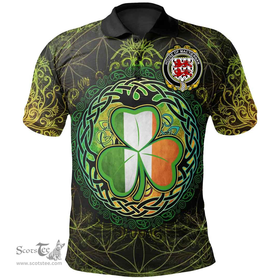 ScotsTee Shop Irish House of MACTIERNAN Coat of Arms Irish Polo Shirt Circle Celtic Tree And Shamrock