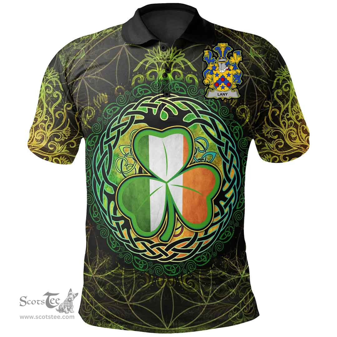 ScotsTee Shop Irish Lany or Laney Coat of Arms Irish Polo Shirt Circle Celtic Tree And Shamrock