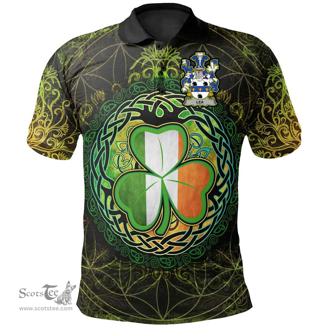 ScotsTee Shop Irish Lea or McLea Coat of Arms Irish Polo Shirt Circle Celtic Tree And Shamrock