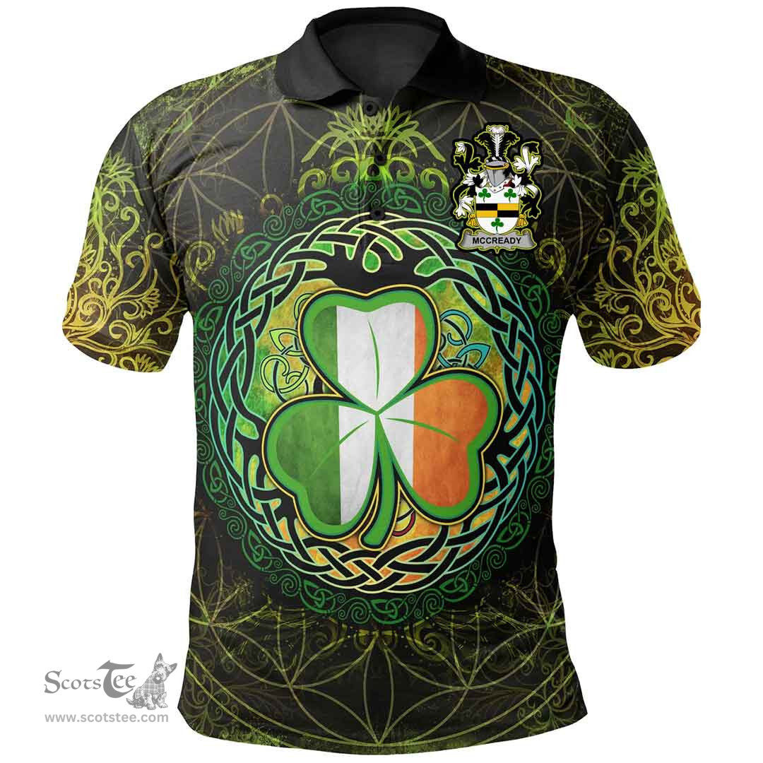 ScotsTee Shop Irish McCready or McCreadie Coat of Arms Irish Polo Shirt Circle Celtic Tree And Shamrock