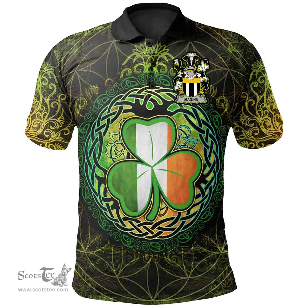 ScotsTee Shop Irish Maginn or Ginn Coat of Arms Irish Polo Shirt Circle Celtic Tree And Shamrock