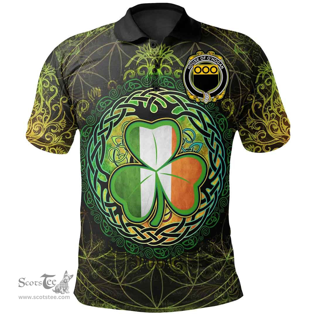 ScotsTee Shop Irish House of O'HOGAN Coat of Arms Irish Polo Shirt Circle Celtic Tree And Shamrock
