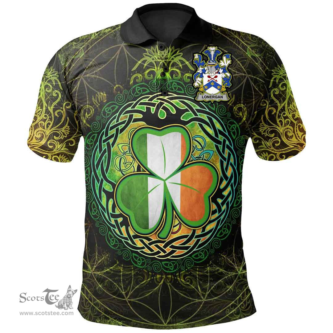 ScotsTee Shop Irish Lonergan or O'Lonergan Coat of Arms Irish Polo Shirt Circle Celtic Tree And Shamrock