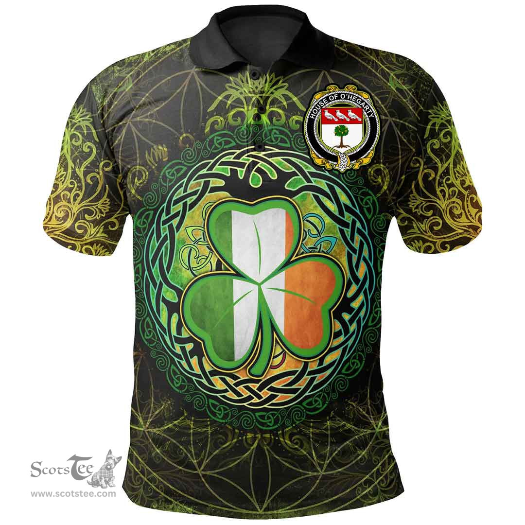 ScotsTee Shop Irish House of O'HEGARTY Coat of Arms Irish Polo Shirt Circle Celtic Tree And Shamrock
