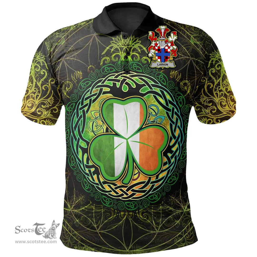 ScotsTee Shop Irish Larkin or O'Larkin Coat of Arms Irish Polo Shirt Circle Celtic Tree And Shamrock