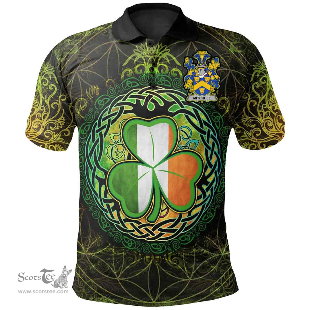 ScotsTee Shop Irish Mitchell Coat of Arms Irish Polo Shirt Circle Celtic Tree And Shamrock