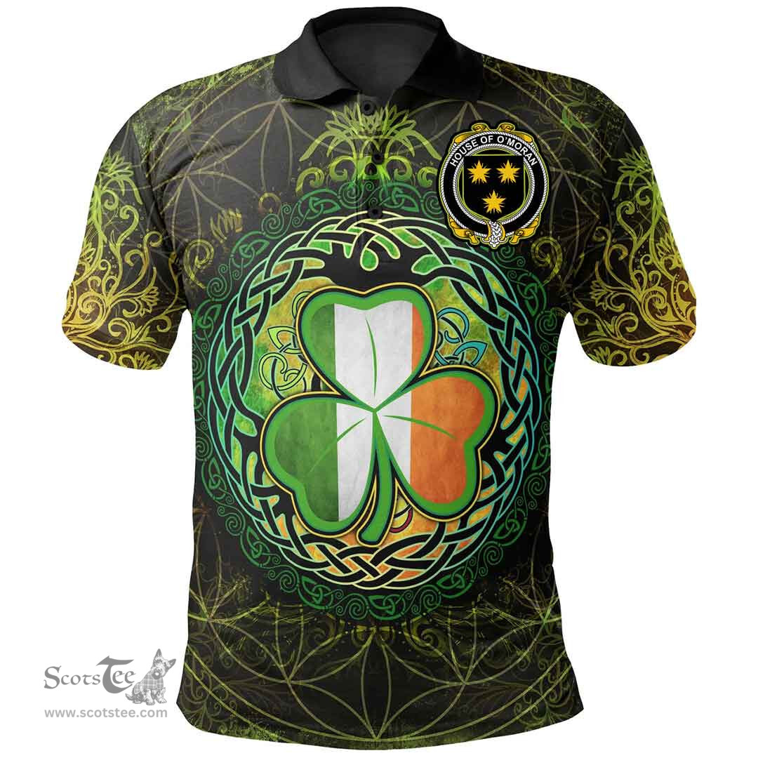 ScotsTee Shop Irish House of O'MORAN Coat of Arms Irish Polo Shirt Circle Celtic Tree And Shamrock