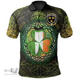 ScotsTee Shop Irish House of O'MORAN Coat of Arms Irish Polo Shirt Circle Celtic Tree And Shamrock
