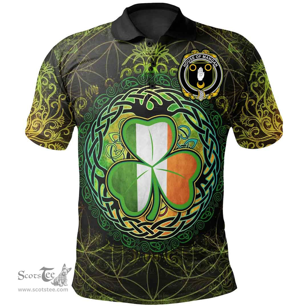ScotsTee Shop Irish House of MANGAN Coat of Arms Irish Polo Shirt Circle Celtic Tree And Shamrock