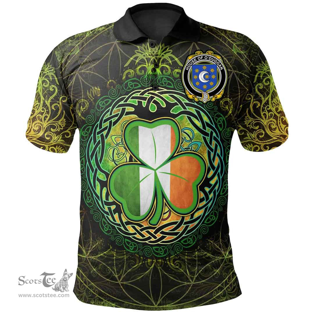 ScotsTee Shop Irish House of O'DUGGAN Coat of Arms Irish Polo Shirt Circle Celtic Tree And Shamrock