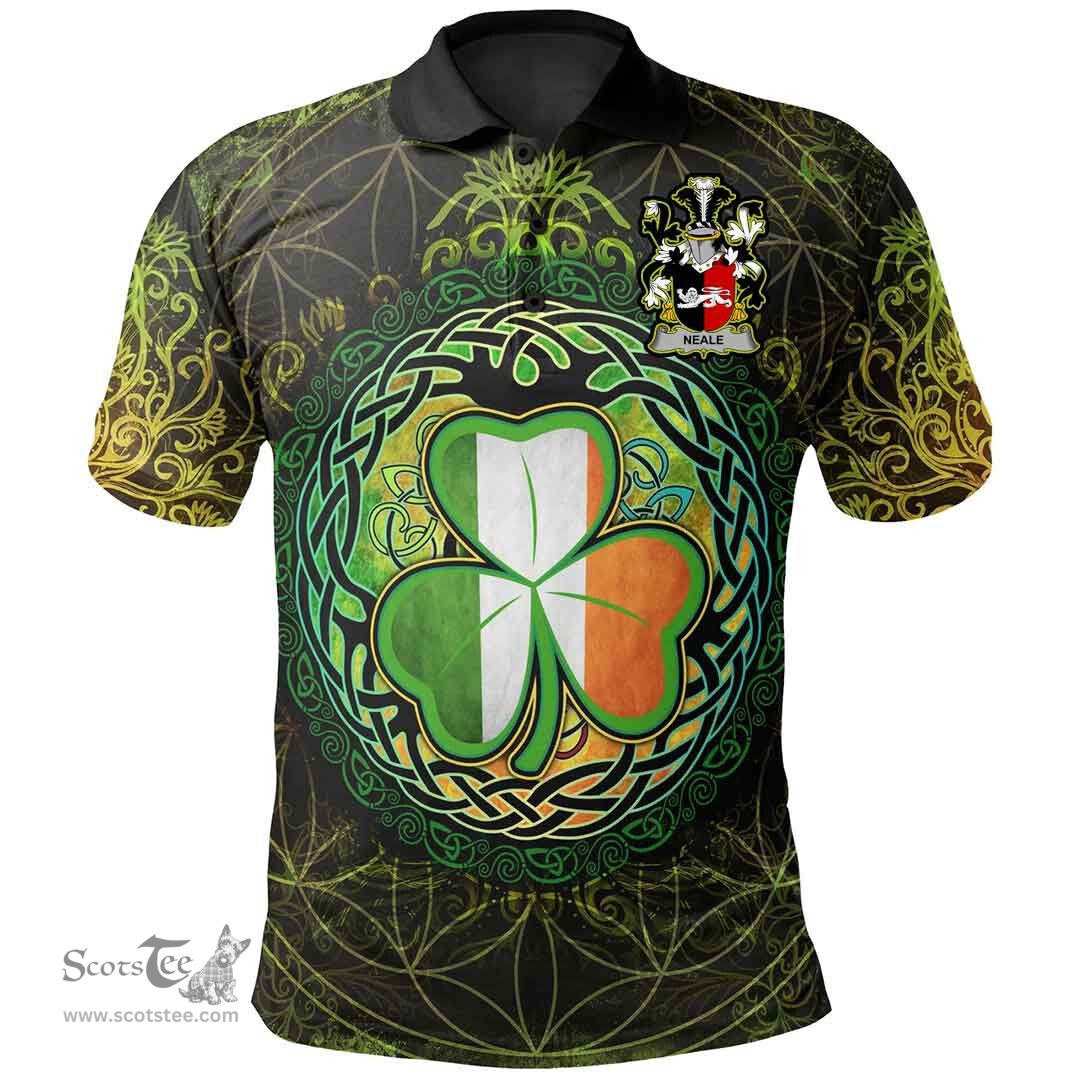 ScotsTee Shop Irish Neale Coat of Arms Irish Polo Shirt Circle Celtic Tree And Shamrock