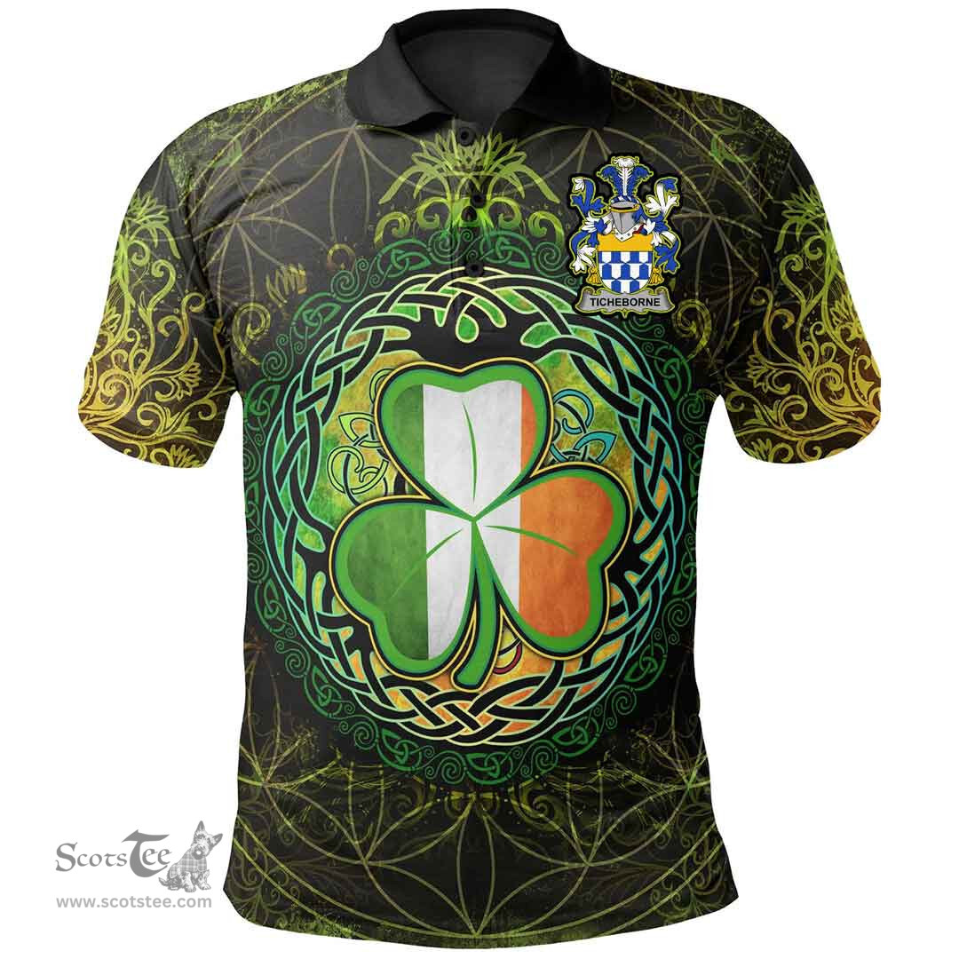 ScotsTee Shop Irish Ticheborne Coat of Arms Irish Polo Shirt Circle Celtic Tree And Shamrock