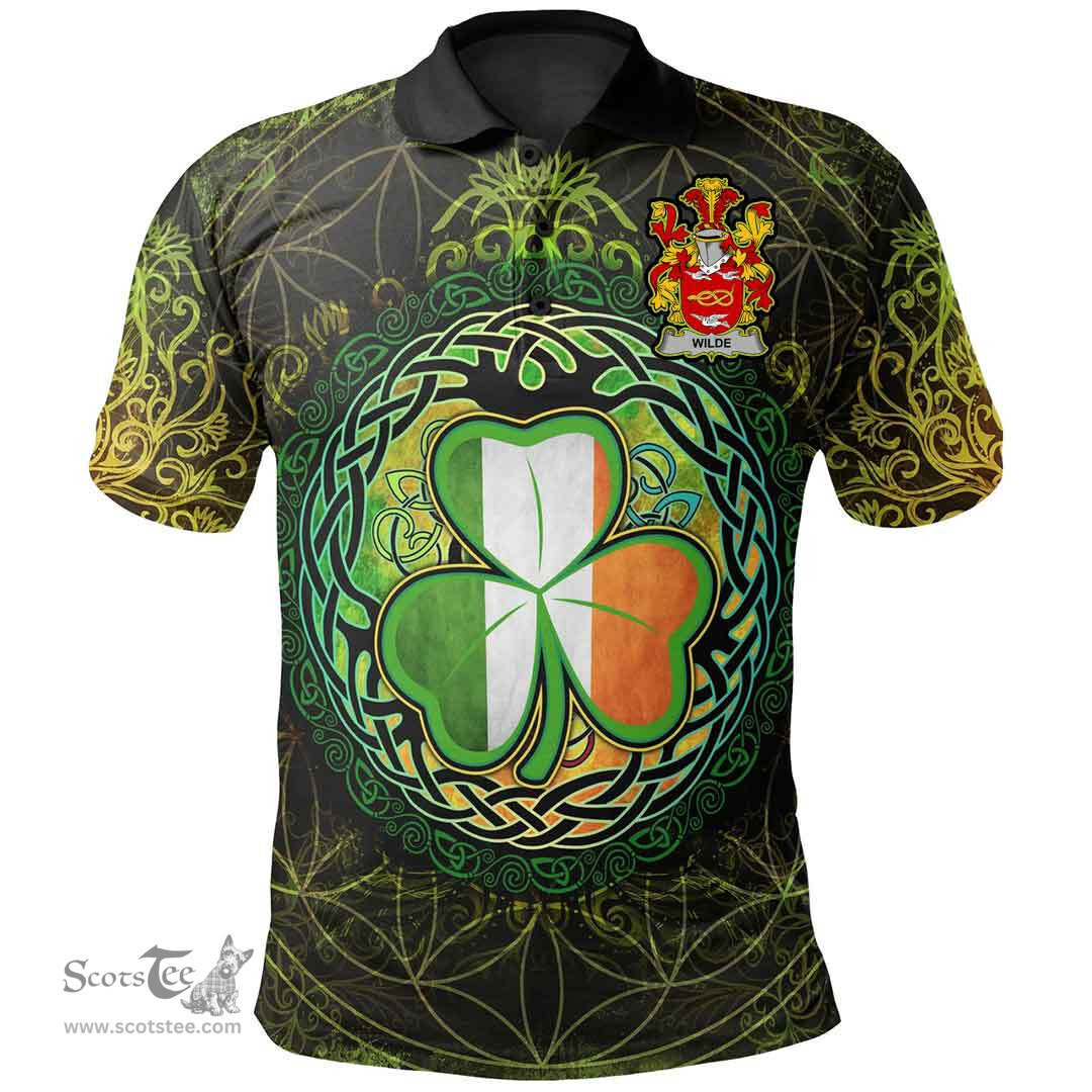ScotsTee Shop Irish Wilde Coat of Arms Irish Polo Shirt Circle Celtic Tree And Shamrock