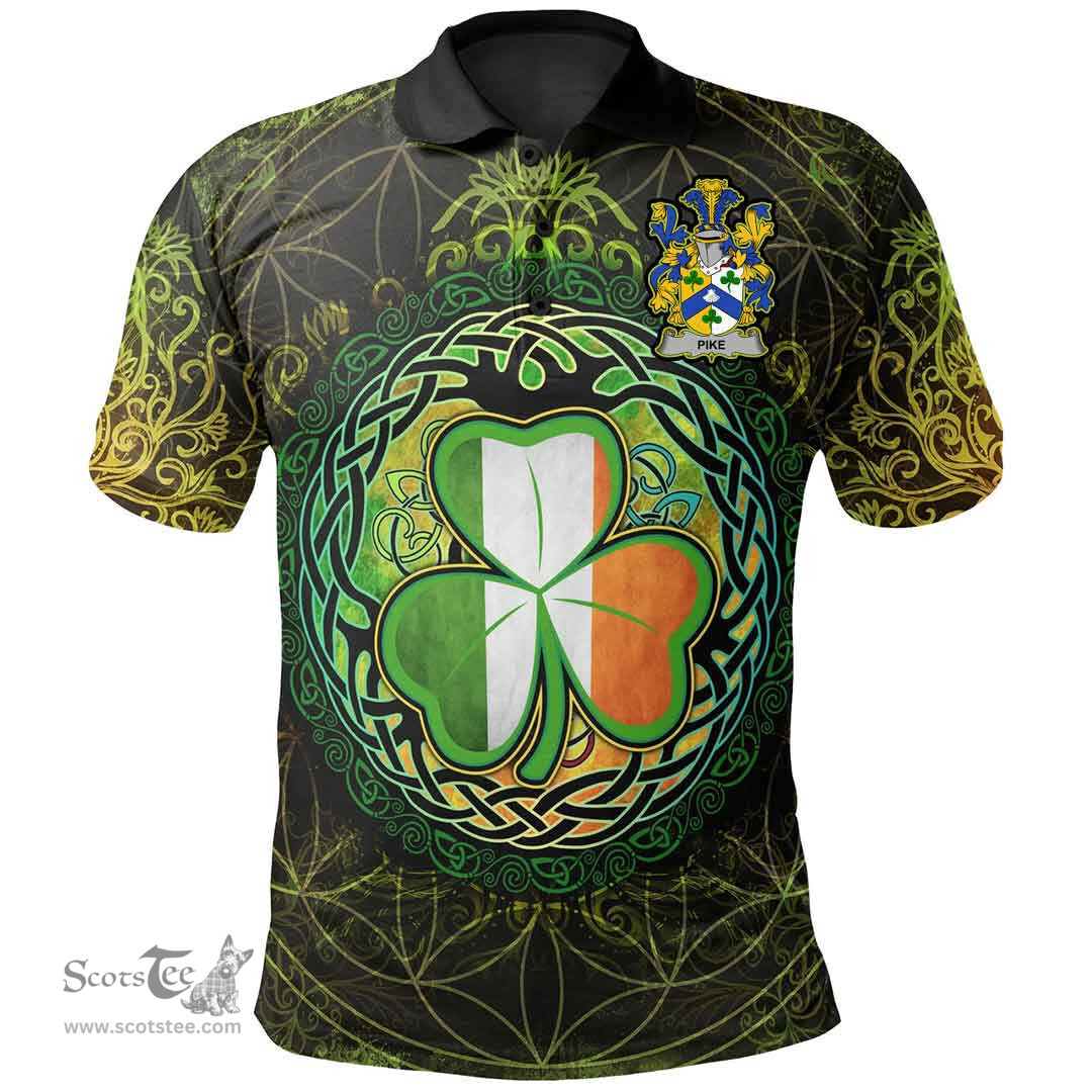 ScotsTee Shop Irish Pike Coat of Arms Irish Polo Shirt Circle Celtic Tree And Shamrock