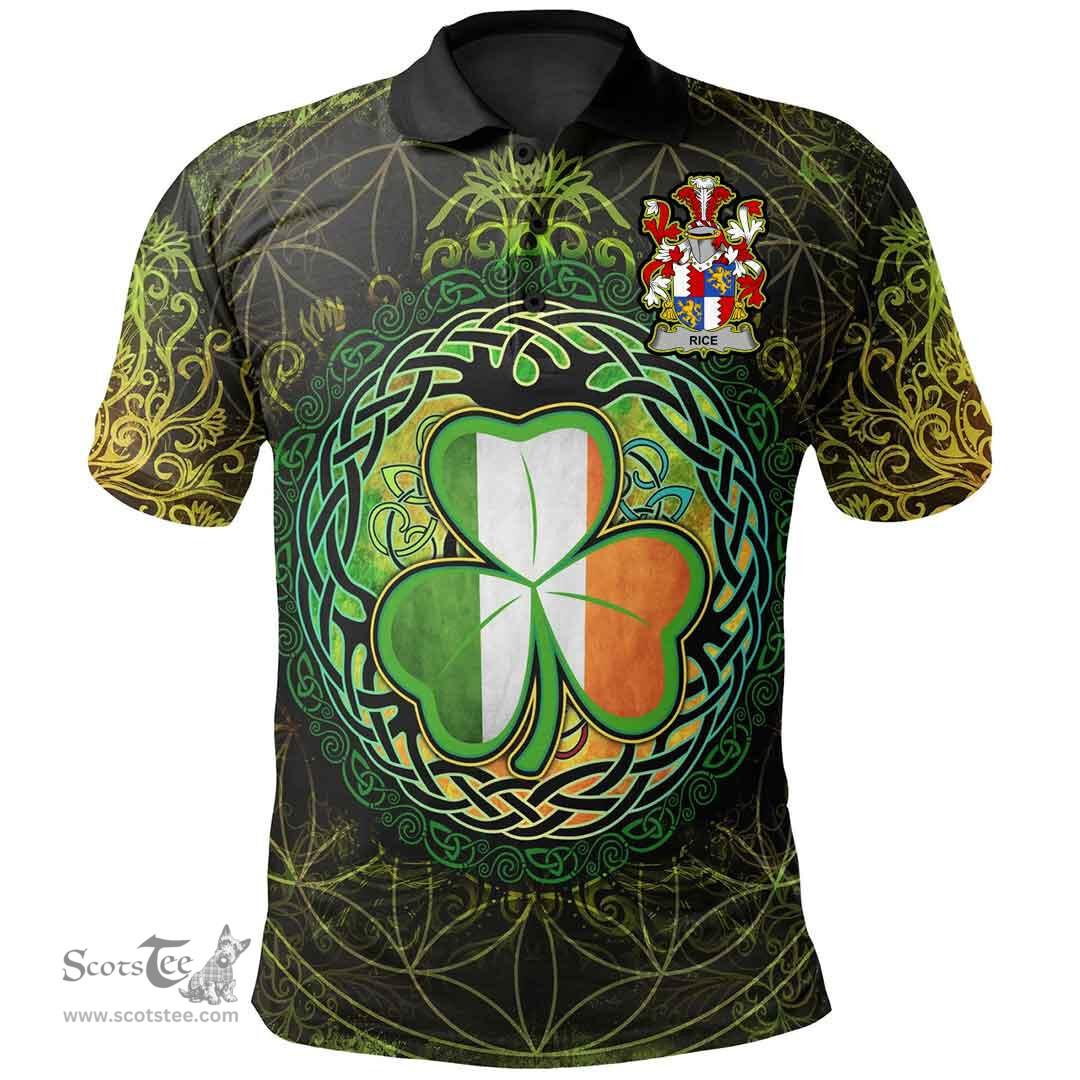 ScotsTee Shop Irish Rice Coat of Arms Irish Polo Shirt Circle Celtic Tree And Shamrock