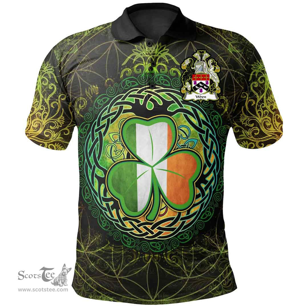 ScotsTee Shop Irish Wren or Wrenn Coat of Arms Irish Polo Shirt Circle Celtic Tree And Shamrock