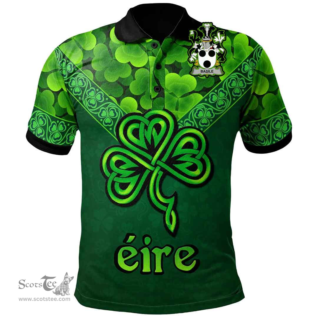 ScotsTee Shop Irish Basile Coat of Arms Irish Polo Shirt Ireland Shamrock Triangle Style