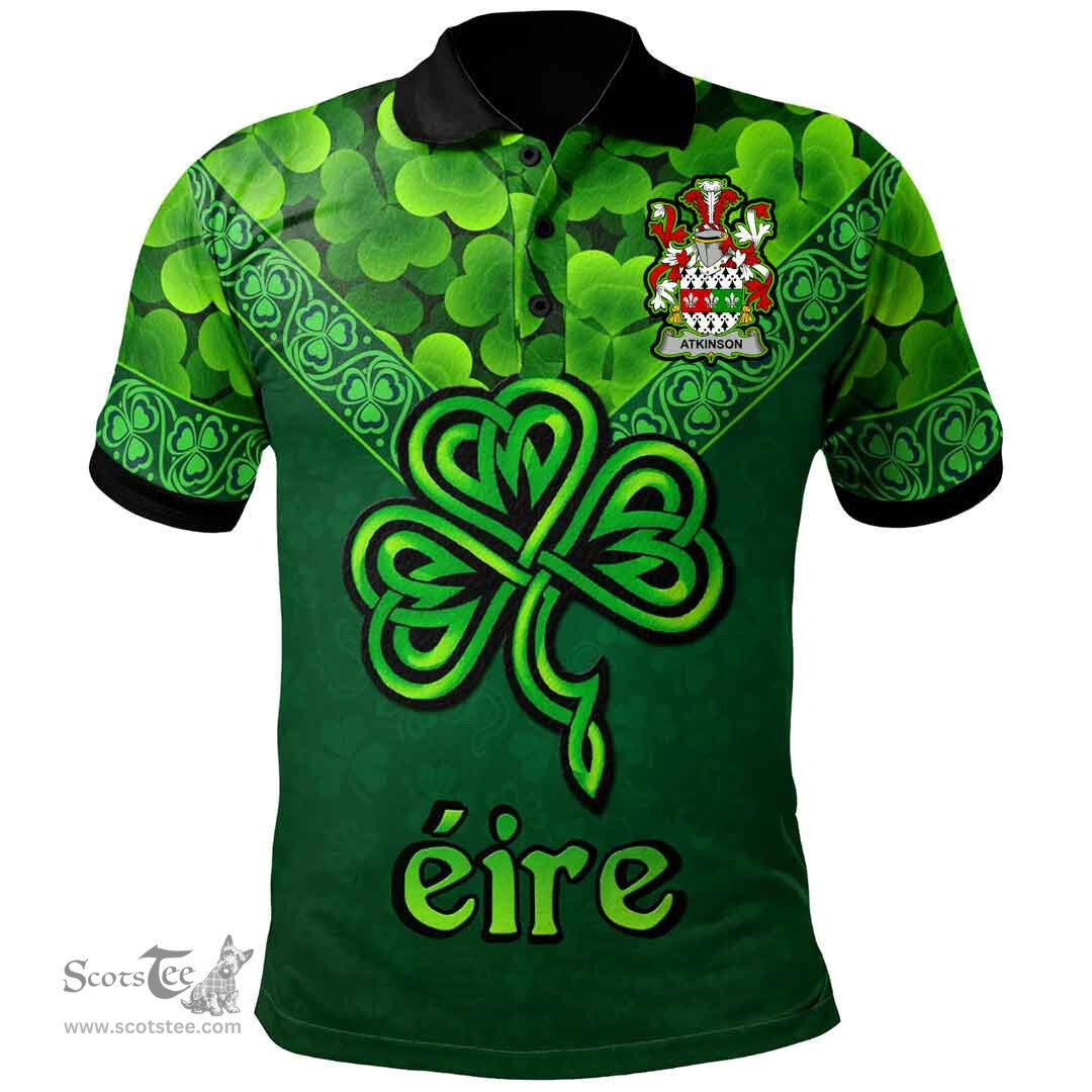 ScotsTee Shop Irish Atkinson Coat of Arms Irish Polo Shirt Ireland Shamrock Triangle Style