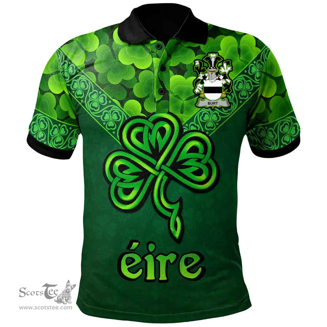 ScotsTee Shop Irish Burt or Birt Coat of Arms Irish Polo Shirt Ireland Shamrock Triangle Style