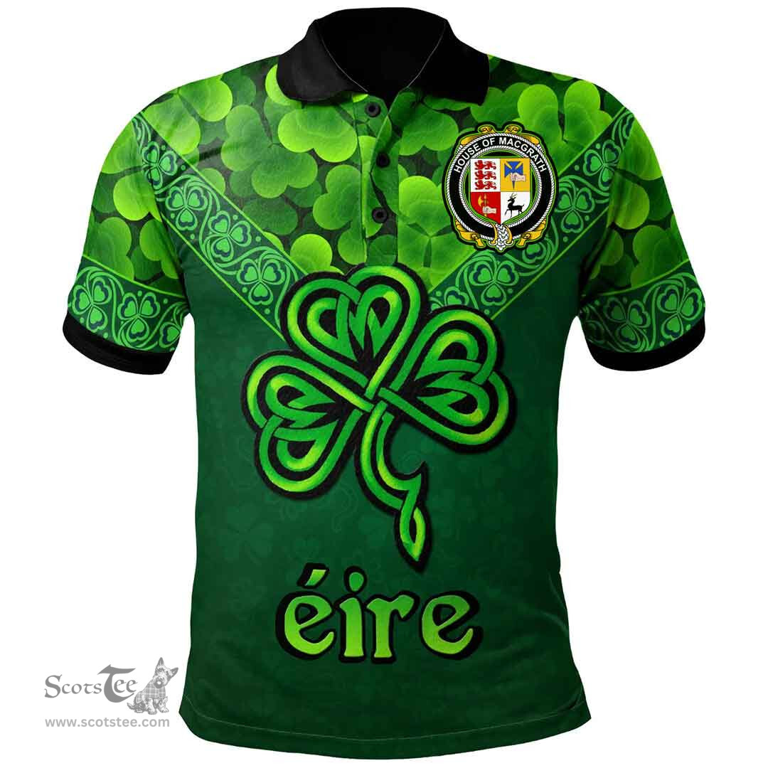 ScotsTee Shop Irish House of MACGRATH Coat of Arms Irish Polo Shirt Ireland Shamrock Triangle Style