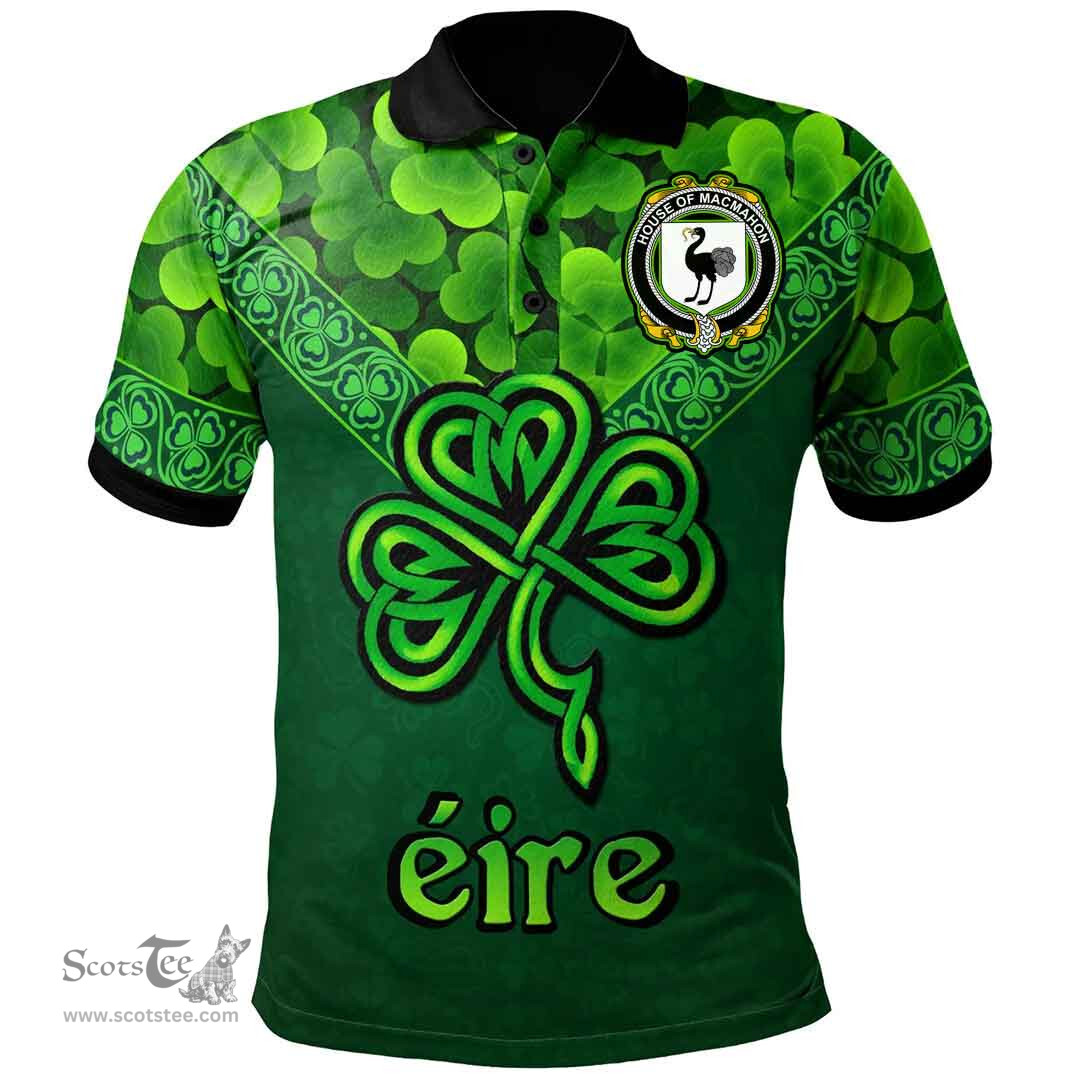 ScotsTee Shop Irish House of MACMAHON (Oriel) Coat of Arms Irish Polo Shirt Ireland Shamrock Triangle Style