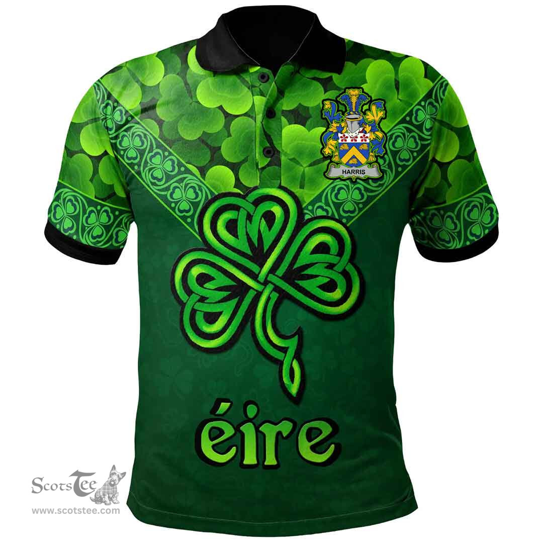 ScotsTee Shop Irish Harris Coat of Arms Irish Polo Shirt Ireland Shamrock Triangle Style
