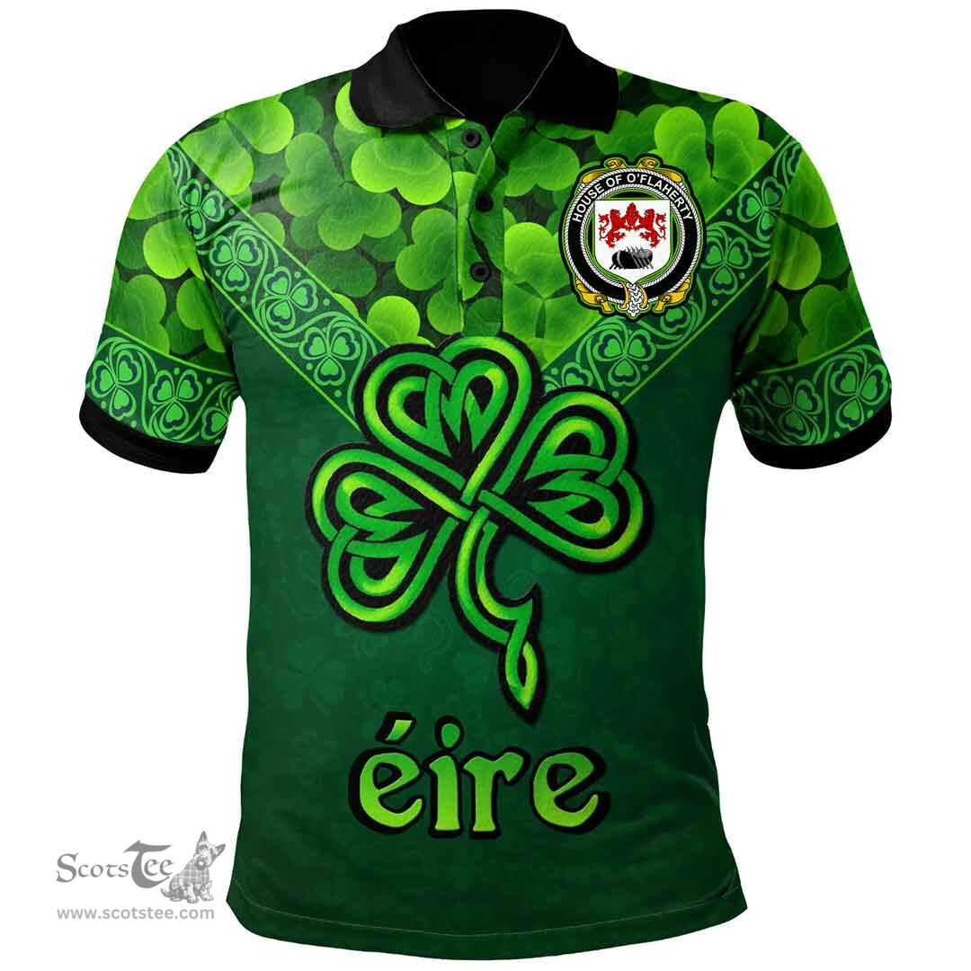ScotsTee Shop Irish House of O'FLAHERTY Coat of Arms Irish Polo Shirt Ireland Shamrock Triangle Style